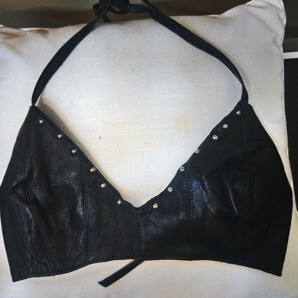 Genuine Leather Bikini Top Studded Black NWOT - Picture 2 of 7